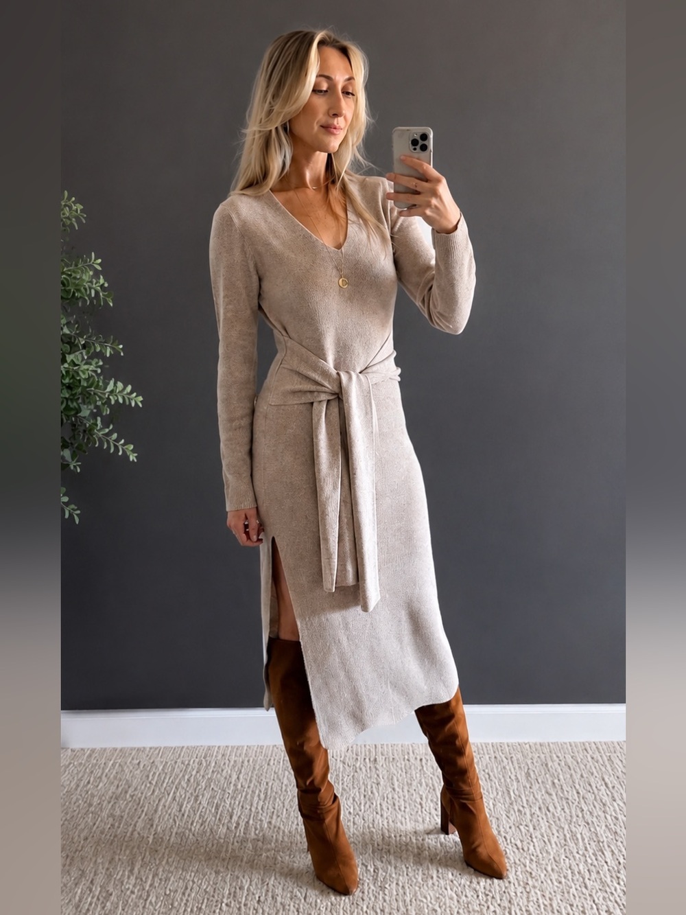 Toccin Wool Cashmere Tie Waist Knit Midi Dress Beige Small